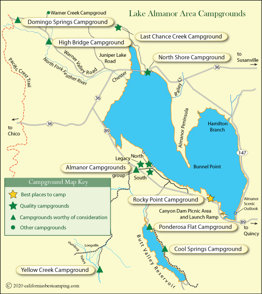 map of Lake Almanor campground locations, CA