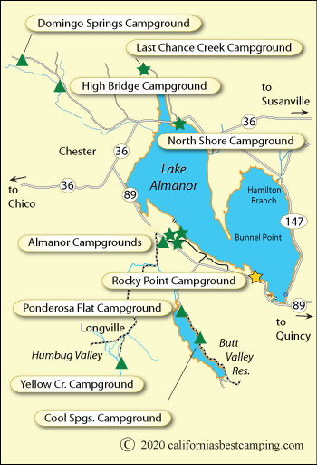 map of Lake Almanor campground locations, CA
