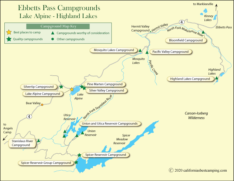map of campgrounds at Lake Alpine and the surrounding area, CA
