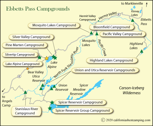 map of Lake Alpine campground locations, CA