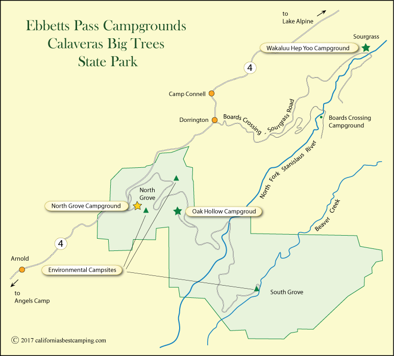 map of campgrounds in Calaveras Big Trees State Park