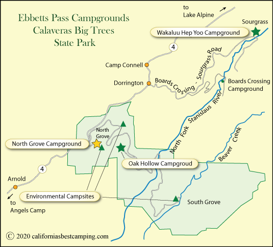 map of campgrounds in Calaveras Big Trees State Park