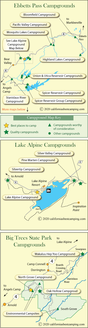 map of Ebbetss Pass campground locations, CA