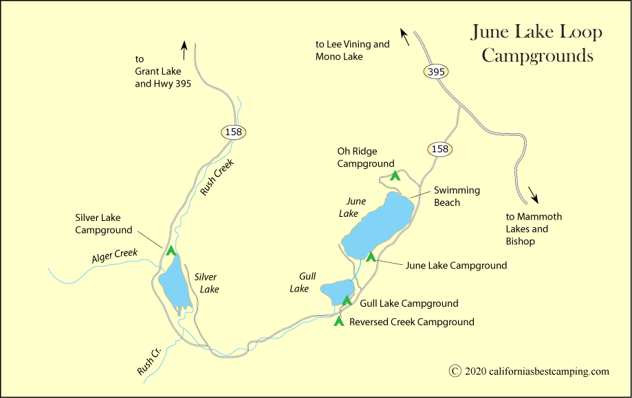 map of campground locations around the June Lake Loop, including Gull Lake Campground