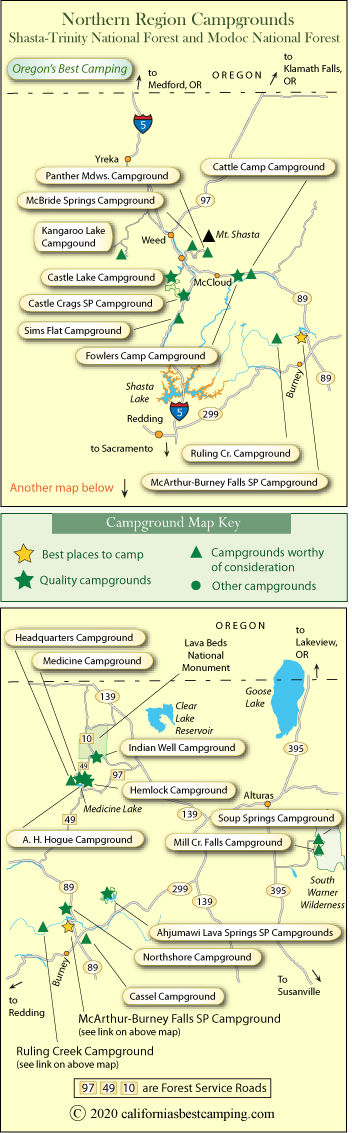 map of campground locations around Mt. Shasta and Modoc County,  CA