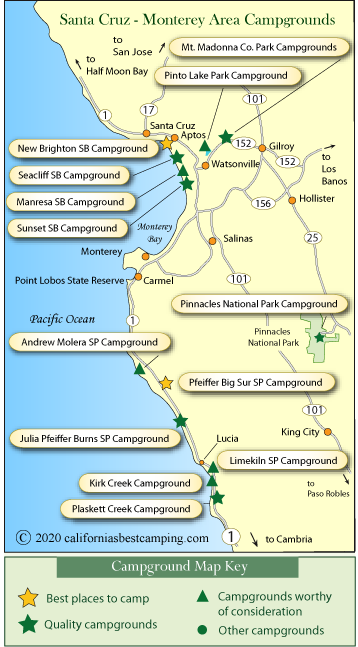 map of campground locations in Santa Cruz and Monterey counties, CA