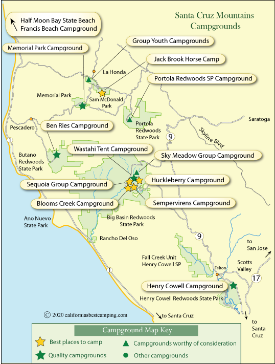 Santa Cruz Mountains campground map, CA