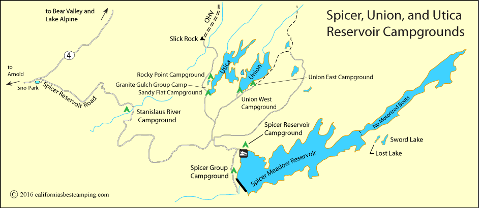 map of campground locations by Spicer Meadow Reservoir, including Spicer Reservoir Campground along with  Union Reservoir and Utica Reservoir, CA.