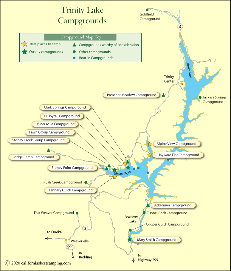 map of campgrounds around Trinity Lake, CA