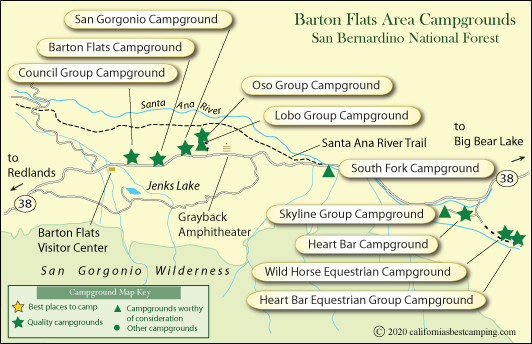 map of campgrounds around Barton Flats, San Bernardino National Forest