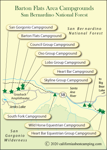 map of campgrounds around Barton Flats, San Bernardino National Forest