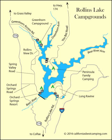 map of Rollins Lake campgrounds, including Greenhorn Campground, Nevada County, CA