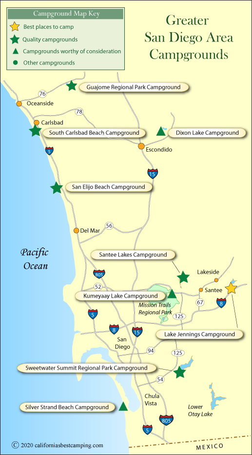 map of campgrounds in the greater San Diego area