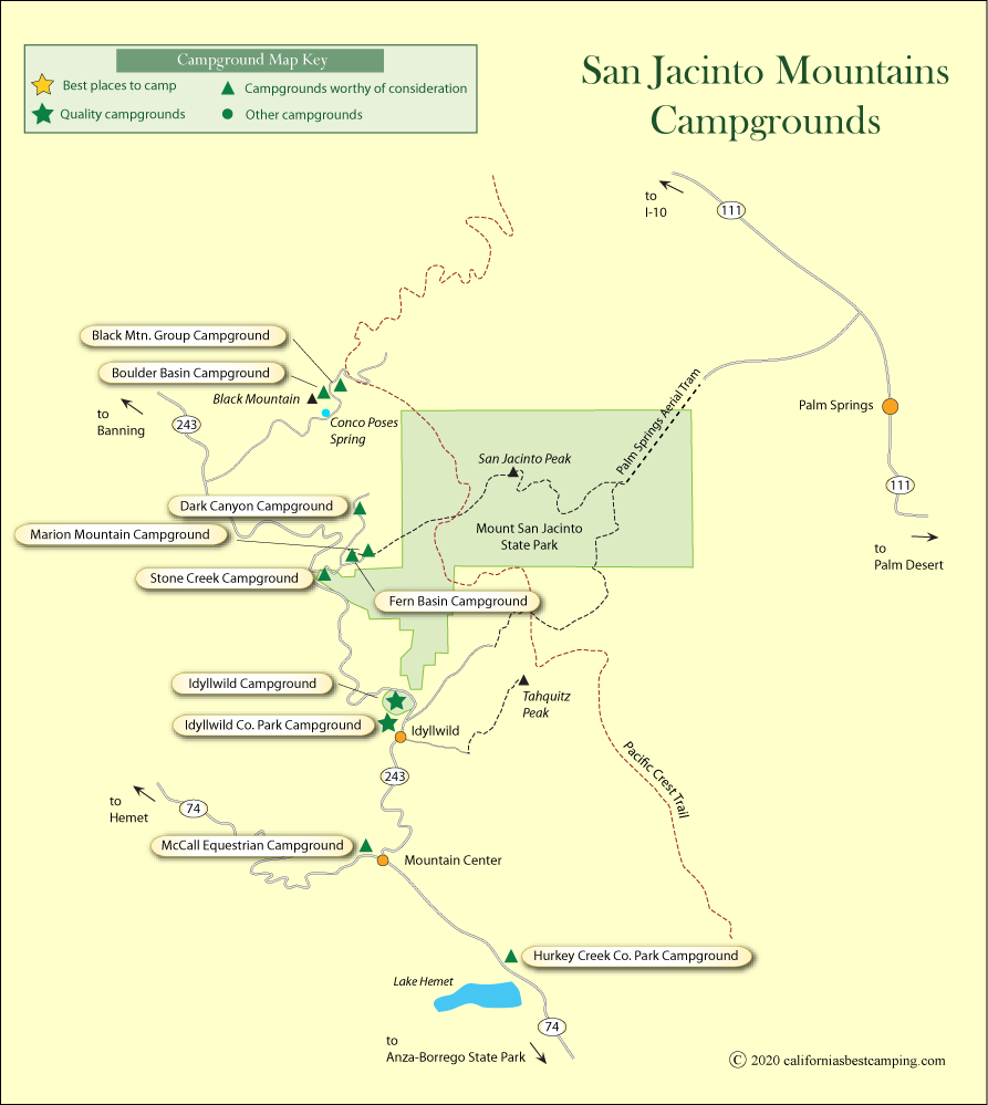 map of campgrounds in the San Jacinto Mountains