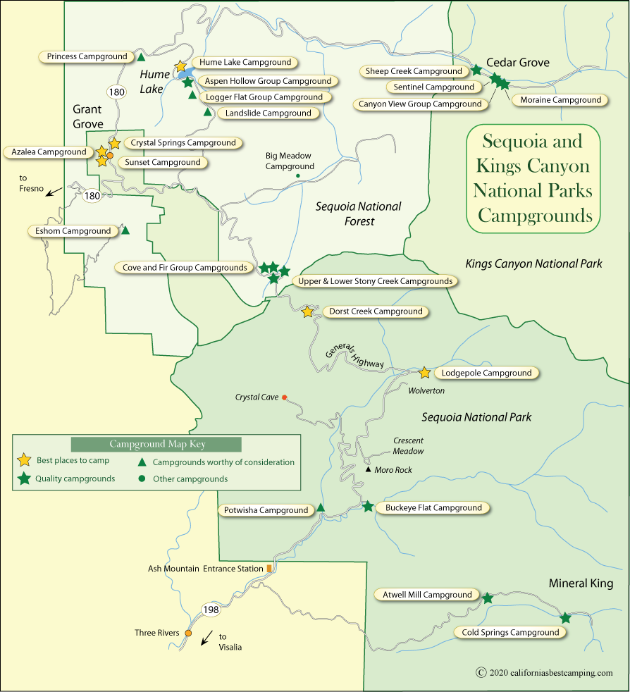 map of campground locations in Sequoia and Kings Canyon National Parks