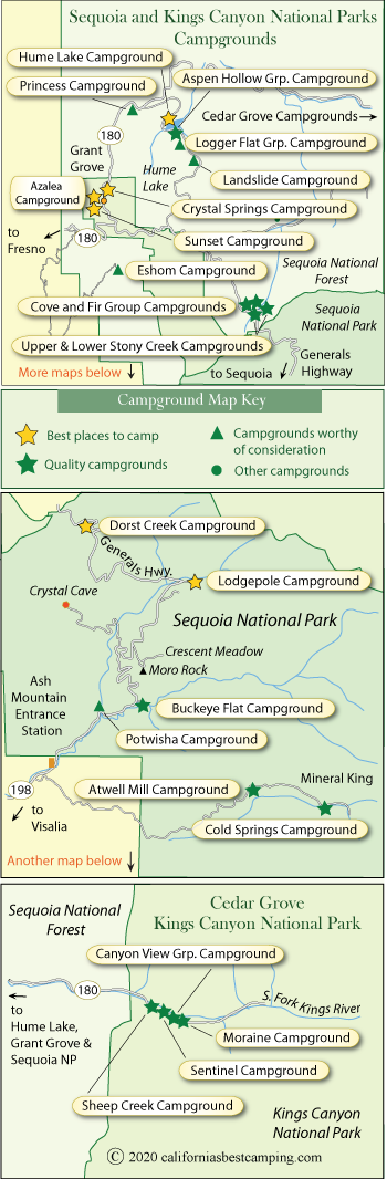 map of campground locations in Sequoia and Kings Canyon National Parks