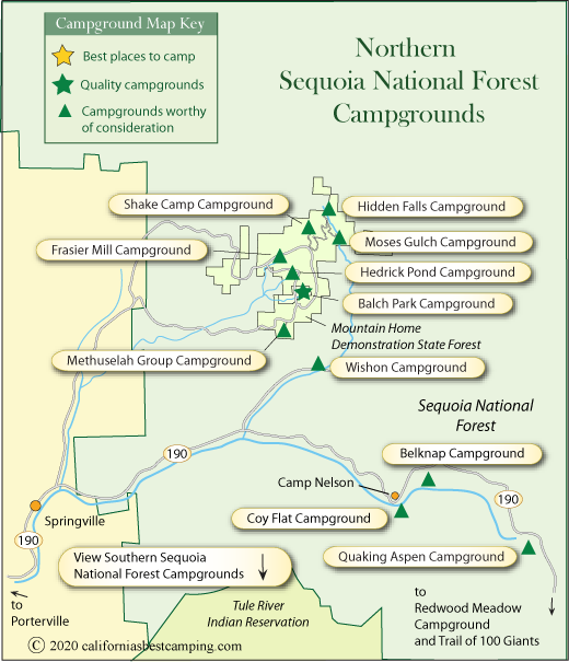 map of campgrounds in the Sequoia National Forest