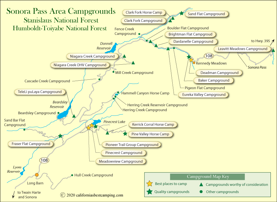 map of campgrounds along the Sonora Pass Highway 108