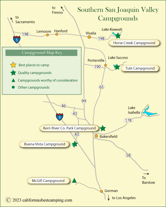 map of campgrounds in the southern San Joaquin Valley, California