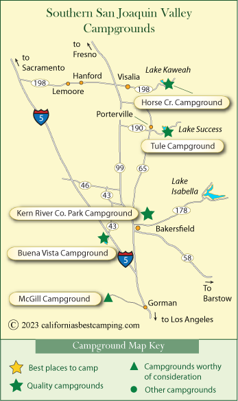 map of campgrounds in the southern San Joaquin Valley, California