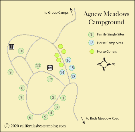 Agnew Meadows Campground map in Reds Meadow, CA