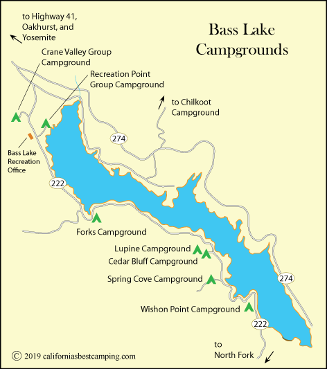 map of campgrounds at Bass Lake, including Chilkoot Campground, CA