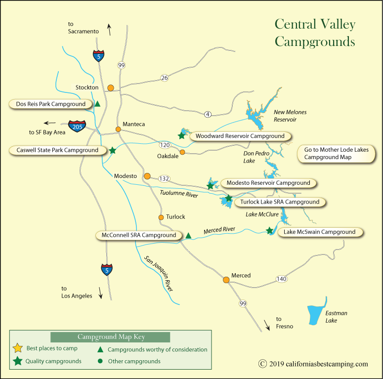 map of campgrounds in California;s Central Valley