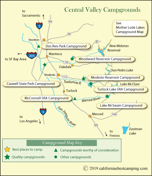 map of campgrounds in California;s Central Valley