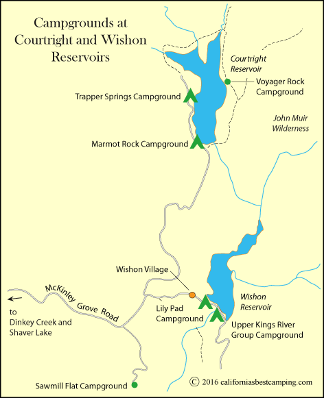 Map of campgrounds at Courtright Reservoir and Wishon Reservoir, including Lily Pad Campground, CA