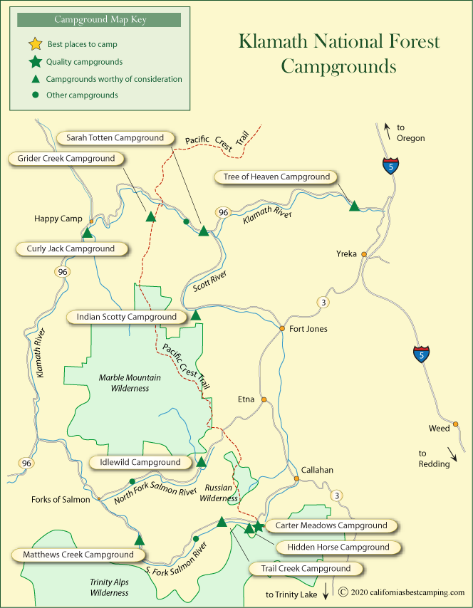 map of campgrounds in western Klamath National Forest, California