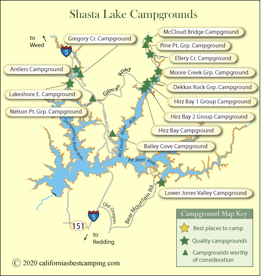 map of campgrounds around Shasta Lake, CA