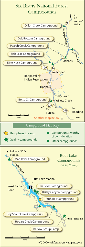 map of campgrounds in Six Rivers National Forest