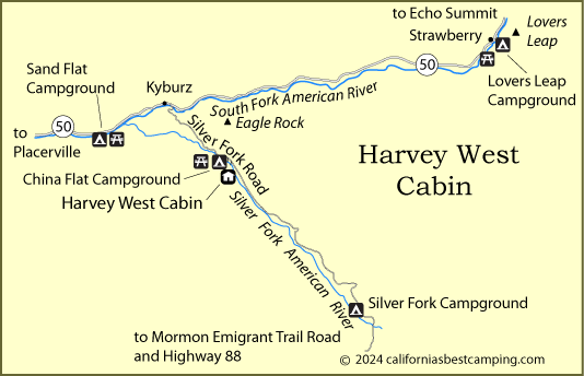 map of Harvey West cabin on the Silver Fork, El Dorado National Forest, CA