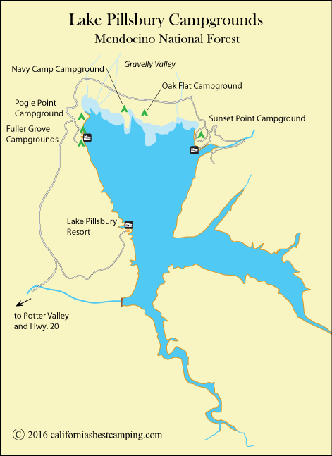 map of Lake Pillsbury, including Fuller Grove Campground, CA