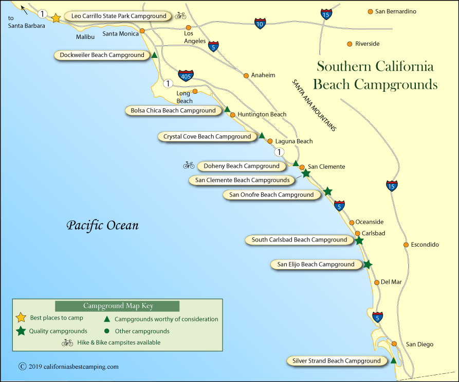 map of beach campground locations in southern California