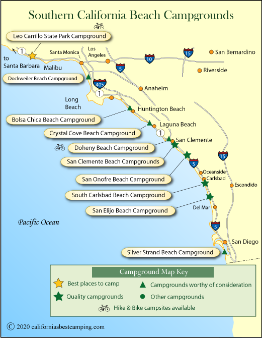 map of beach campground locations in southern California