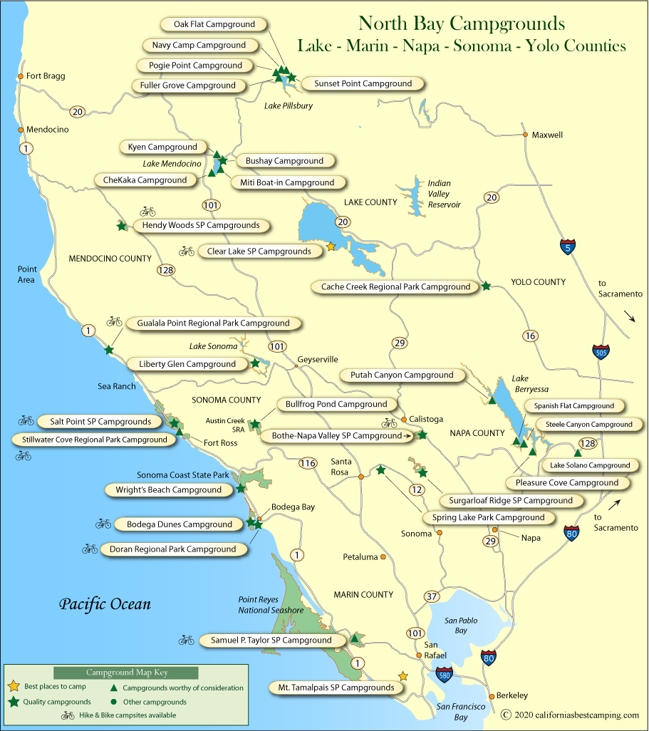 map of campground locations around Sonoma, Napa, Marin, and Yolo counties