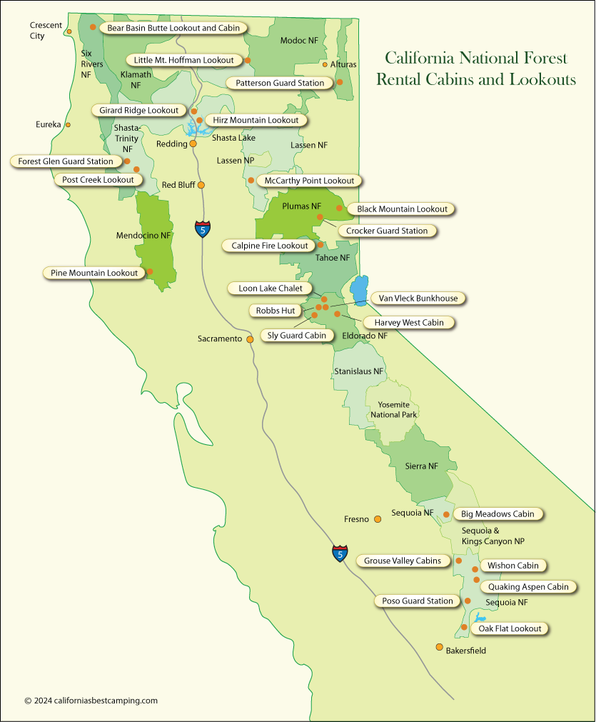 map of California National Forest rental cabins and lookouts