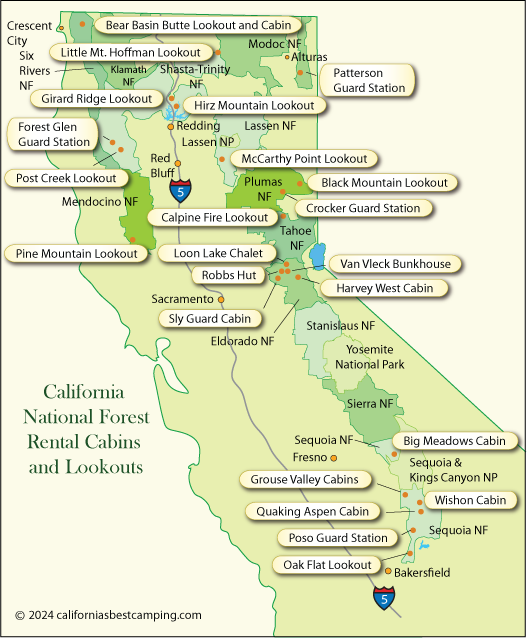 map of California National Forest rental cabins and lookouts