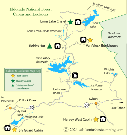 Eldorado National Forest rental cabins and lookouts map