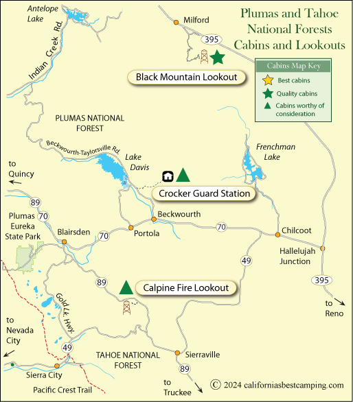 Plumas and Tahoe National Forests rental cabins and lookouts map