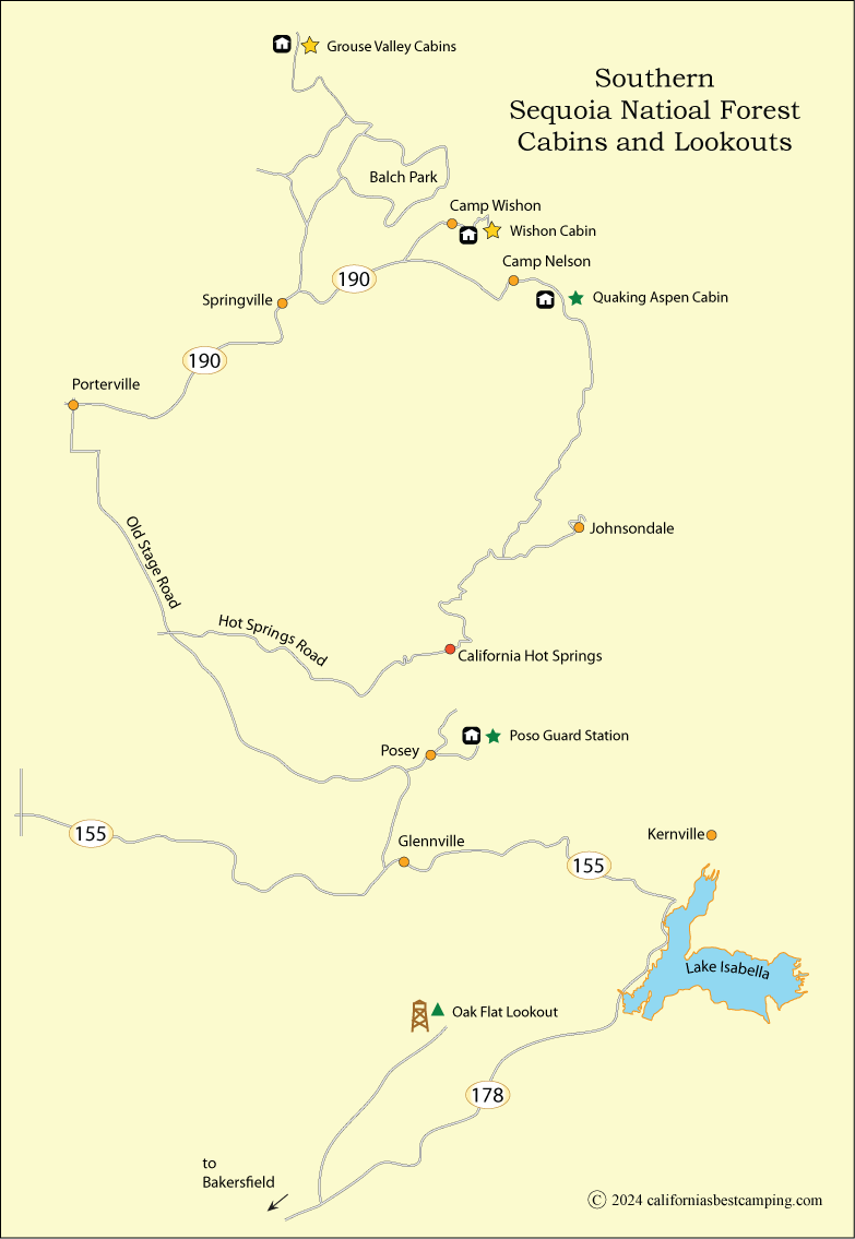 Southern Sequoia National Forest rental cabins and lookouts map