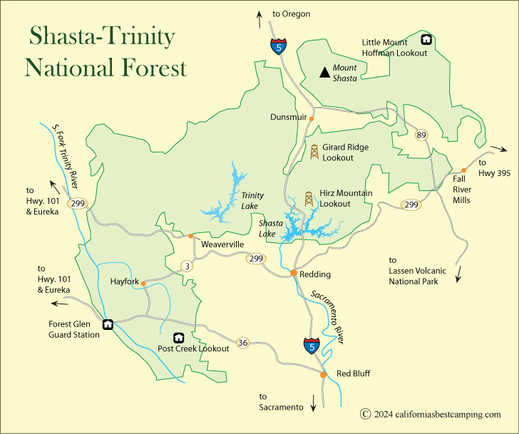 Shasta-Trinity National Forest rental cabins and lookouts map