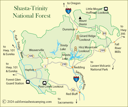 Shasta-Trinity National Forest rental cabins and lookouts map