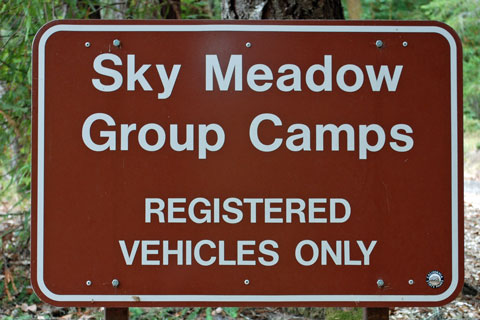 Sign at entrance to Sky Meadow Group Camp, Big Basin Redwoods State Park, CA