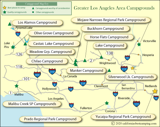 map of campgrounds in the Greater Los Angeles area, CA