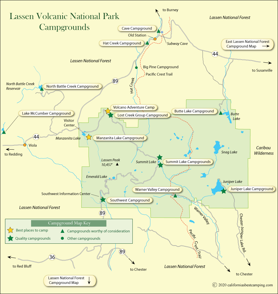 map of campground locations in Lassen Volcanic National Park
