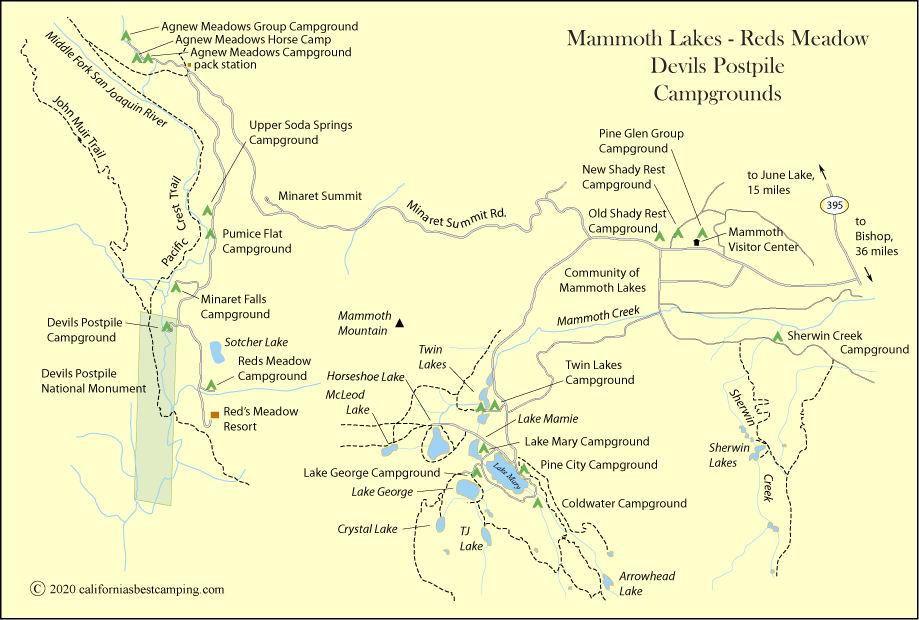 map of campground locations around Mammoth Lakes and Devils Postpile National Monument, including Coldwater Campground