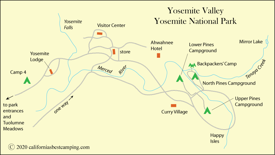 map of campground locations Yosemite Valley, including Upper Pines Camopground, Yosemite National Park