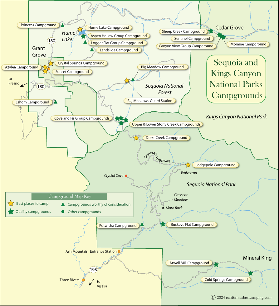 map of campground locations in Sequoia and Kings Canyon National Parks